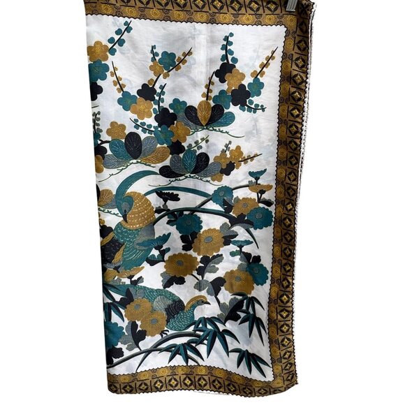 Vintage Floral & Bird Patterned Bamboo Square Handstitched Scarf Wrap Shawl OS - Picture 7 of 8